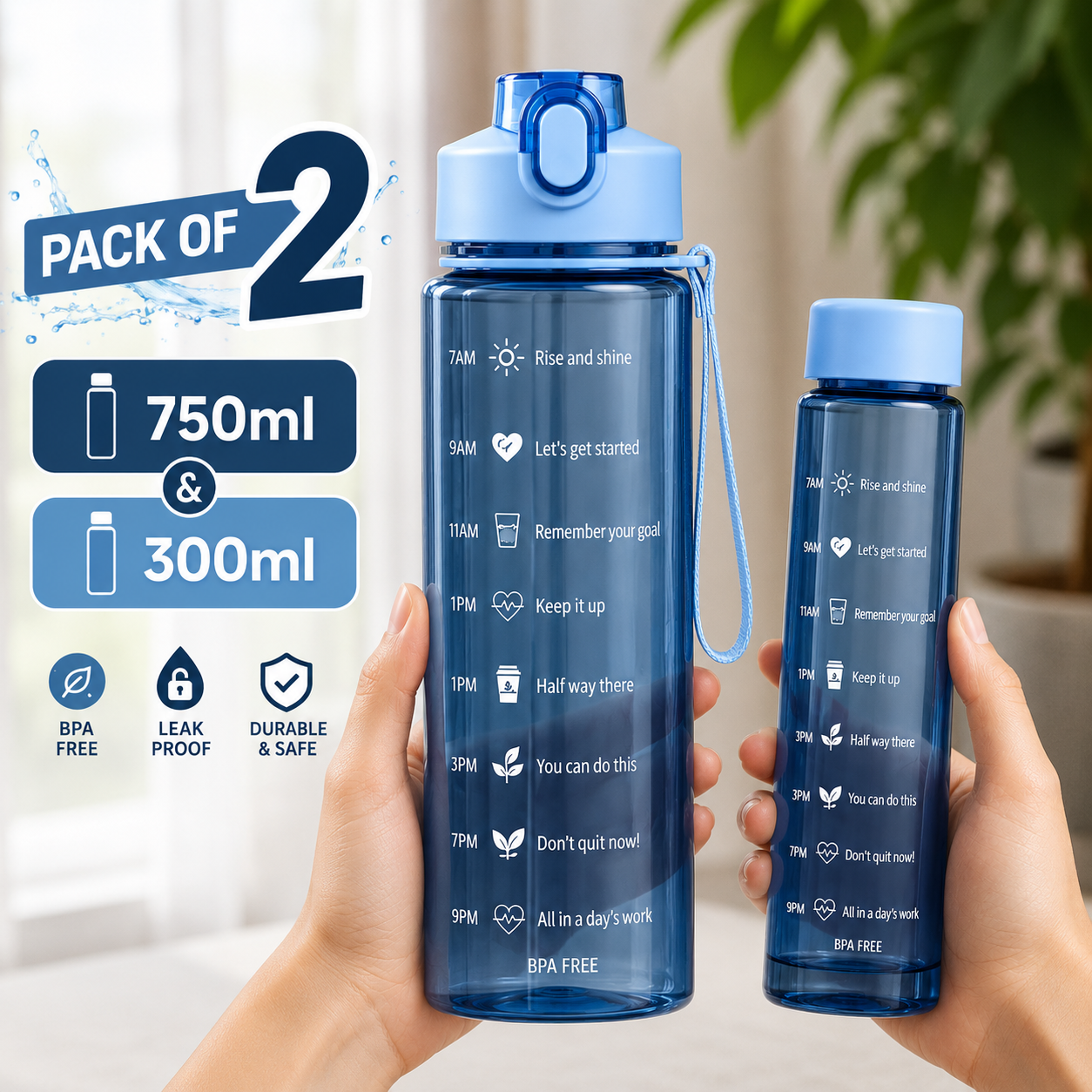 Pack of 2 Water Bottles 750ml & 300ml Transparent  Water Bottle for Kids Girls Boys  Cute Korean Stylish Design for School, College, Fridge  BPA-Free Leakproo