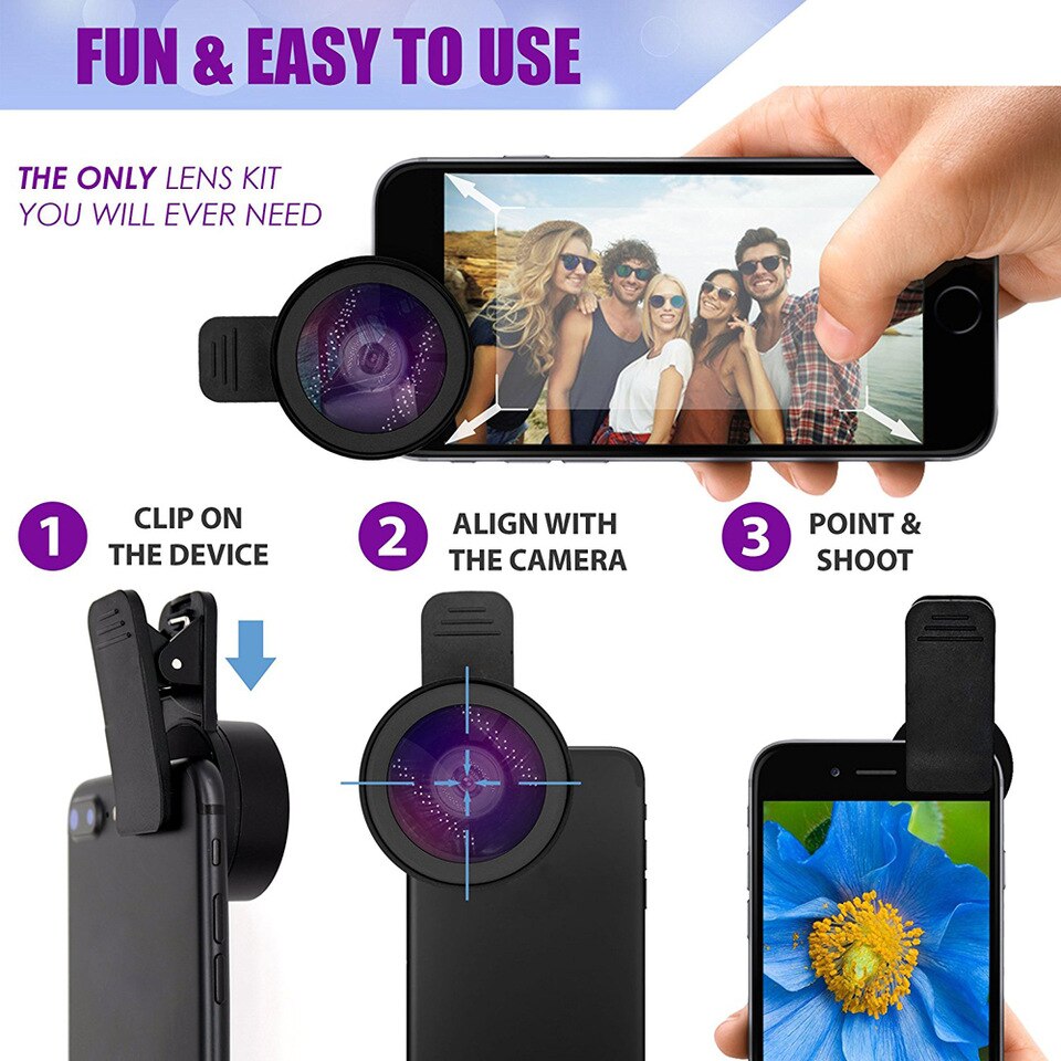3 In 1 - Clear Zoom Mobile Camera Lens Selfie Mobile Phone Clip Lenses Fish Eye Wide Angle Macro Camera