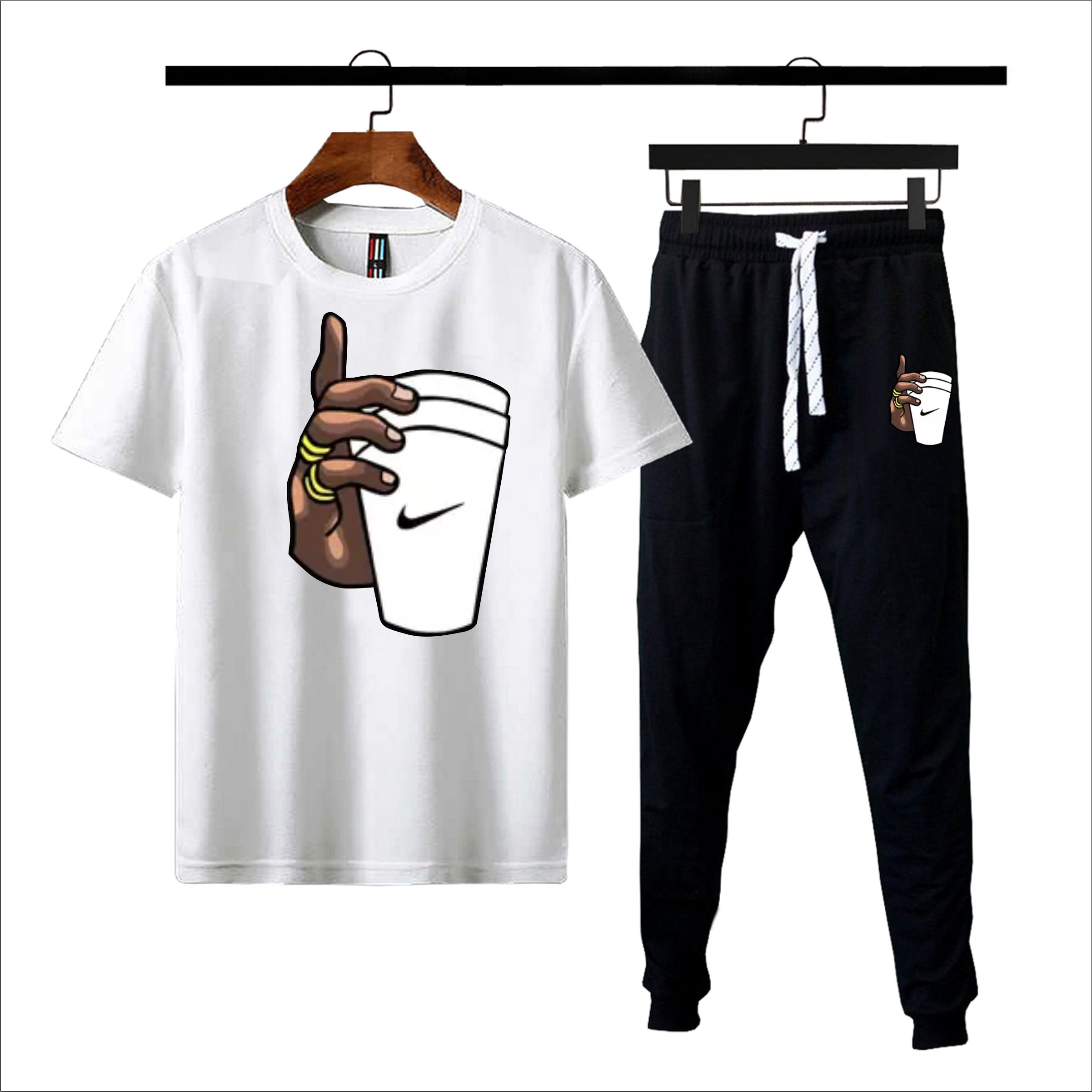 New arrival 2 pc white & black printed gym wear tracksuit highly recommend of summer collection tshirt + trouser for boys