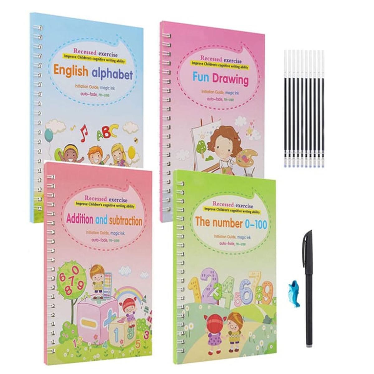 4 Large Magical Children's Magic Copybooks, Reusable Magic Writing,  Including (6 Pens + 1 Pen Case + 1 Pen Holder), Children's Handwriting  Practice, M