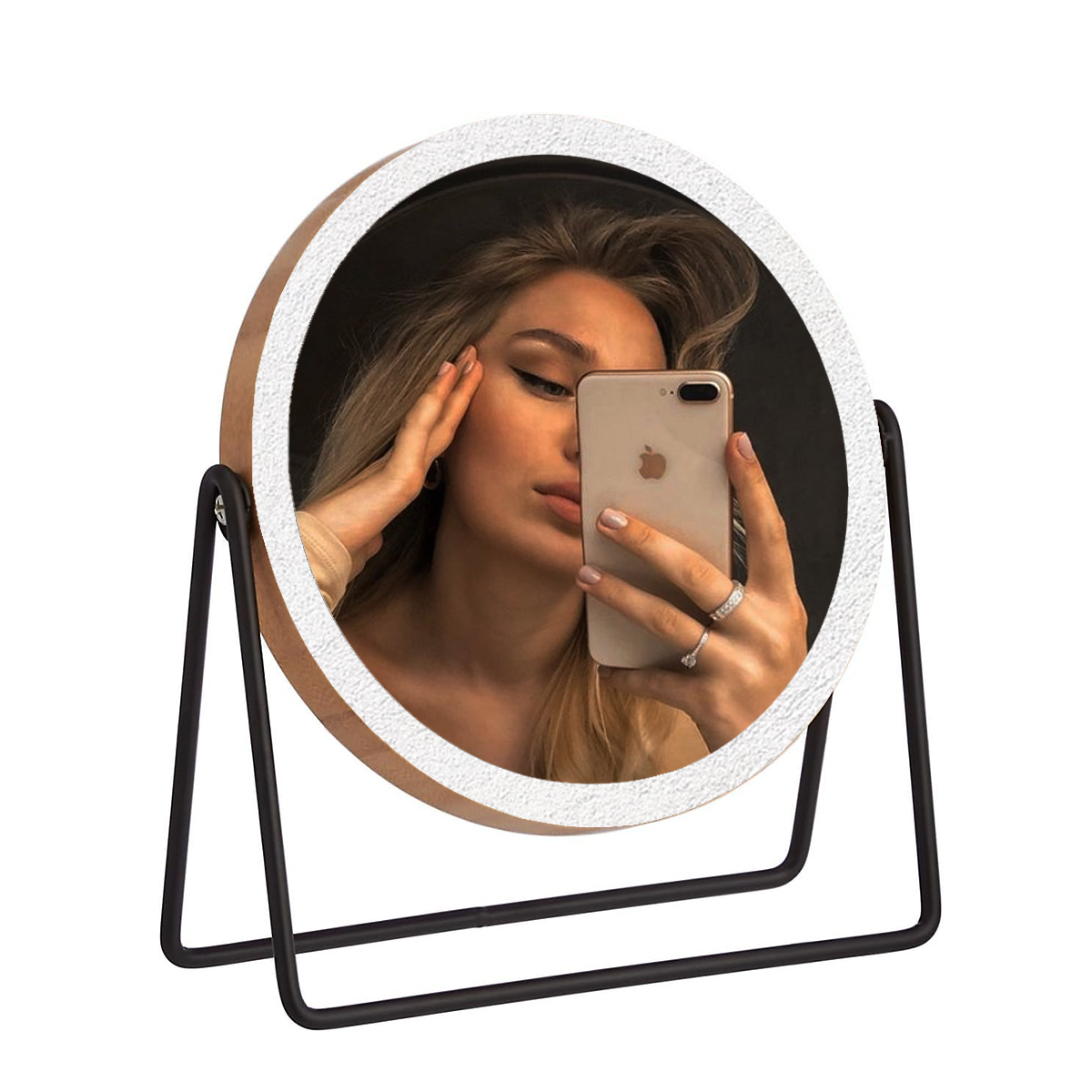 ENRG Basics Vanity Round Mirror 360 Moveable Clear Look With Wooden Rim Metal Base Stand Tabletop Mount 7.2"L x 2.87 "W Inches Size For Makeup Dressing Table And Console