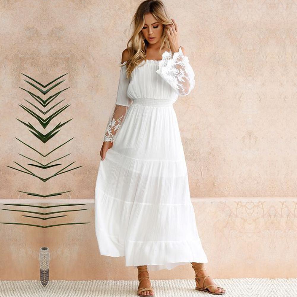 fashion Women Maxi Long Dress Off the Shoulder Lace Flare Sleeve Elegant  Evening Party Boho Dress White: Buy Online at Best Prices in Pakistan |  Daraz.pk