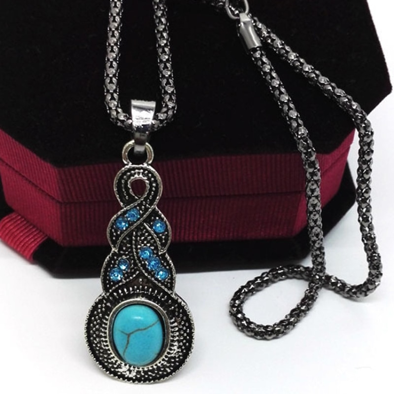 3PCS Vintage Turquoise Jewelry Set | Blue Crystal Pendant Necklace & Earrings for Men Women | Antique Silver Lantern Chain | Gift Jewelry | Daraz Pakistan