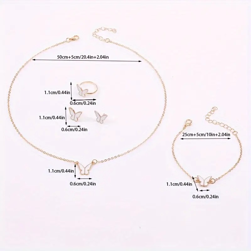 1Set Fashion Exquisite Simple Versatile Butterfly Necklace Bracelet Earrings Ring For Women Girls Wedding Party Jewelry Set