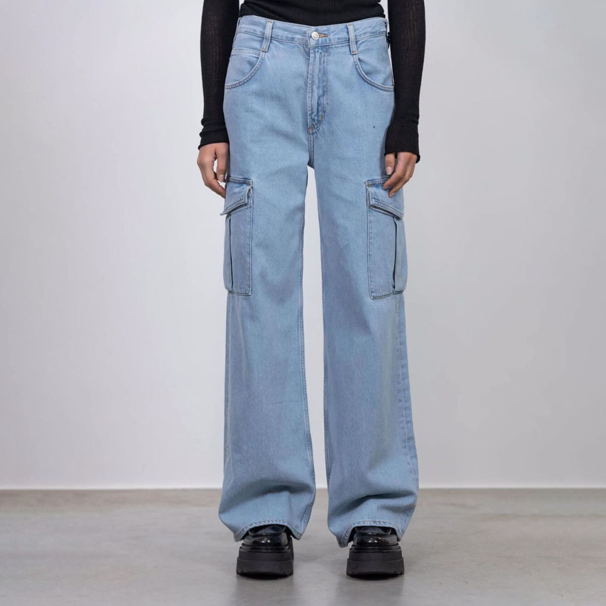 Fashionable Highwaist Wide Leg Denim Cargo Jeans for Women - 6 Pockets, Sky Blue, Trendy and Functional