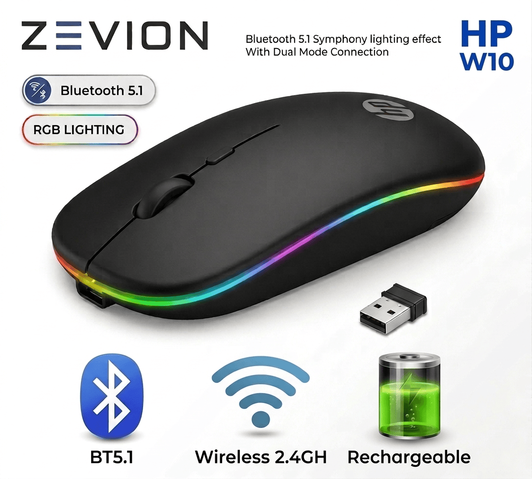 HP W10 Wireless Rechargeable Mouse Dual Mode | Bluetooth & 2.4GHz | Silent Click Adjustable DPI | Slim Ergonomic Optical Gaming & Office Mouse for PC Laptop Computer