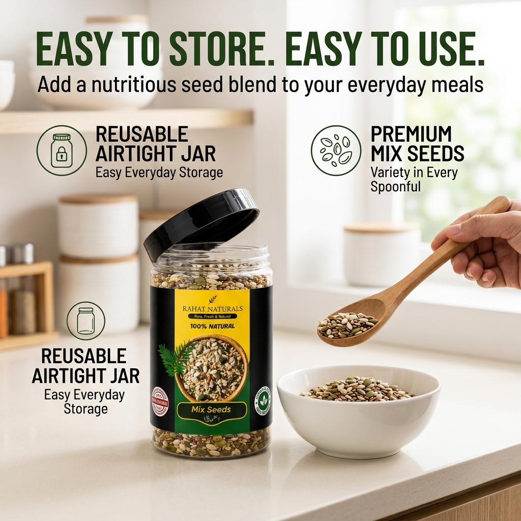 Rahat Naturals Premium Mix Seeds | 100% Natural Super Seed Blend | High Protein, Fiber & Omega 3 | Healthy Breakfast & Snack Seeds | Pumpkin, Sunflower, Flax & Sesame Seeds | Fresh & Nutritious