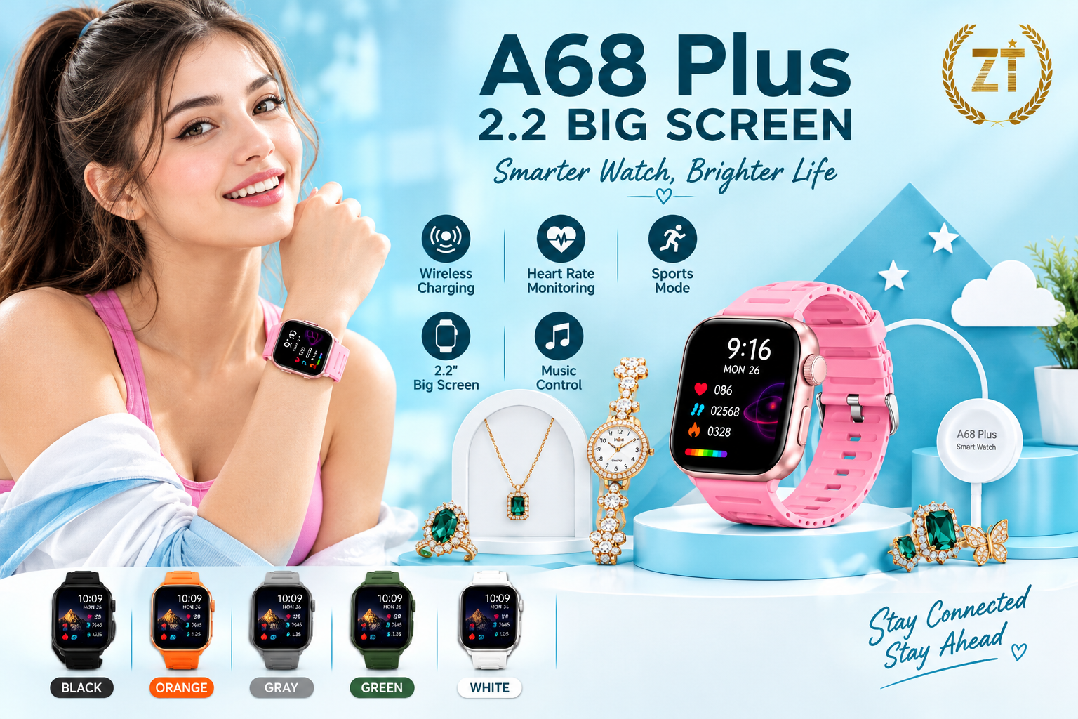 A68 Plus 2.2" BIG SCREEN Smart Watch - 8 in 1 Luxury Gift Box for Women | Wireless Charging + Heart Rate + Sports Mode | Student Mobile Zone