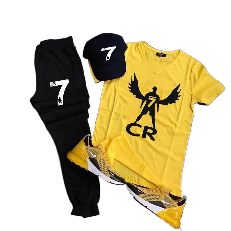 Yellow & black CR7 prinetd tshirt + trouser gym wear tracksuit for men