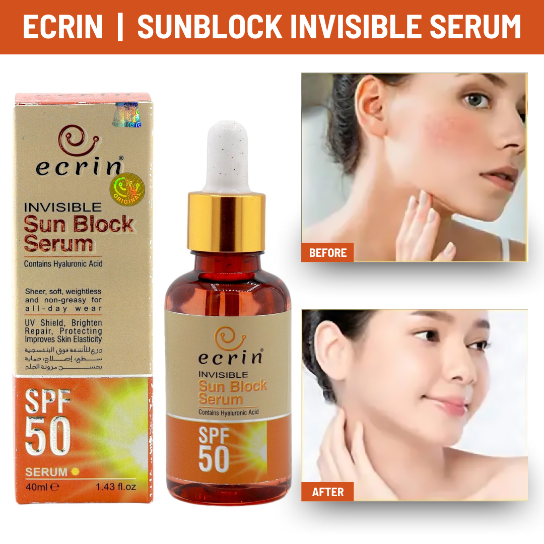 Ecrin | Sun Block Serum 40ml | SPF 50 | Invisible Sunblock | Helps brighten and repair skin | Hyaluronic acid for hydration| Skin Care Products