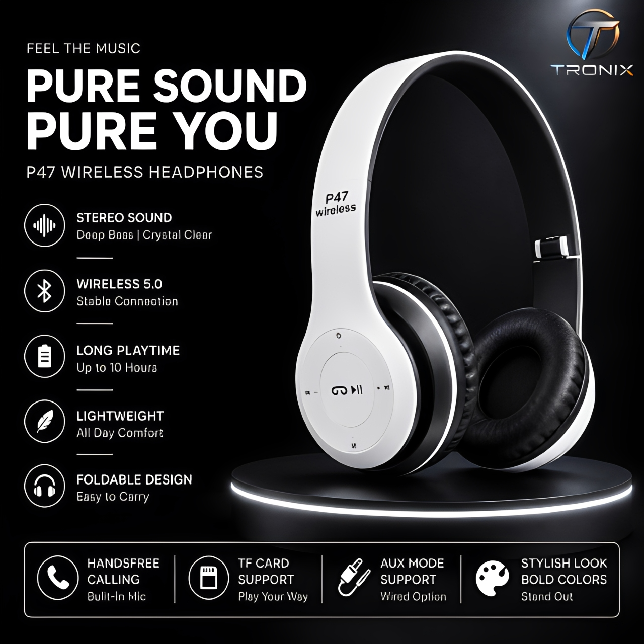 P47 Wireless Bluetooth Headphones | Foldable Over-Ear Headset | Stereo Sound | Built-in Mic | Compatible with All Bluetooth Devices.