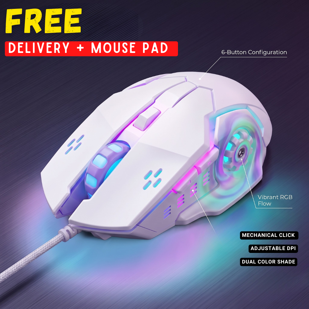Panorama Wired Gaming Mouse RGB with Adjustable dpi - 6 Button Optical Mice with Mouse Pad for PC, Computer, Gaming, Laptop, Pubg, Mobile - Black and White