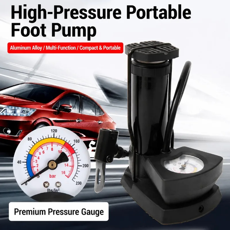 High Pressure Foot Air Pump with Gauge Heavy-Duty Foot Bike Pump for Bicycle Ball Scooter Car Inflatable Toys Mini Pump