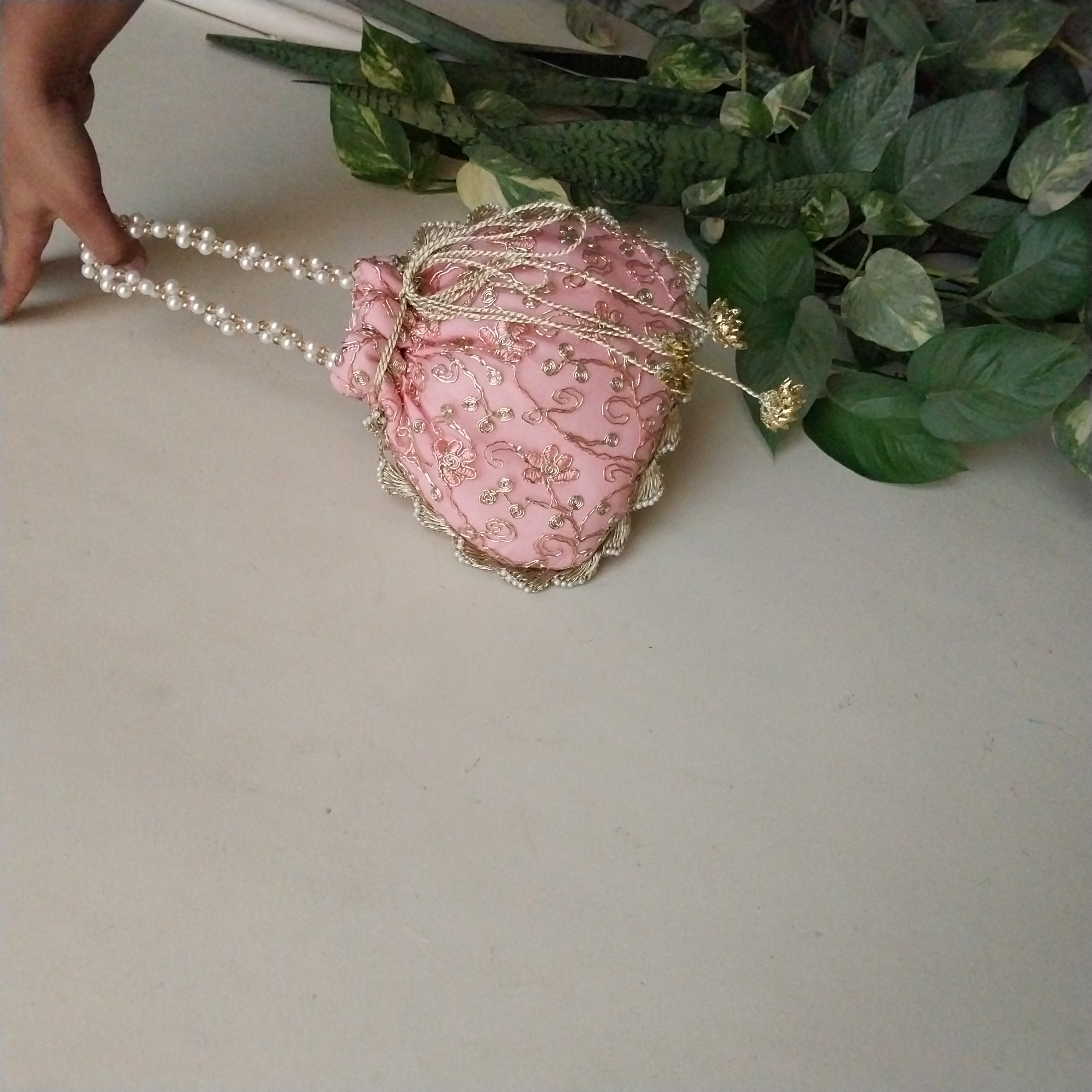Embroidered Potli Clutch Bag with Pearl Handle for Party Wear