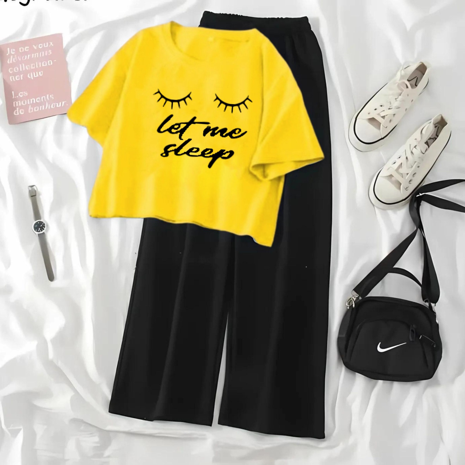 High-Quality Summer Printed Crop Top Tee and Black Plazo Combo Set