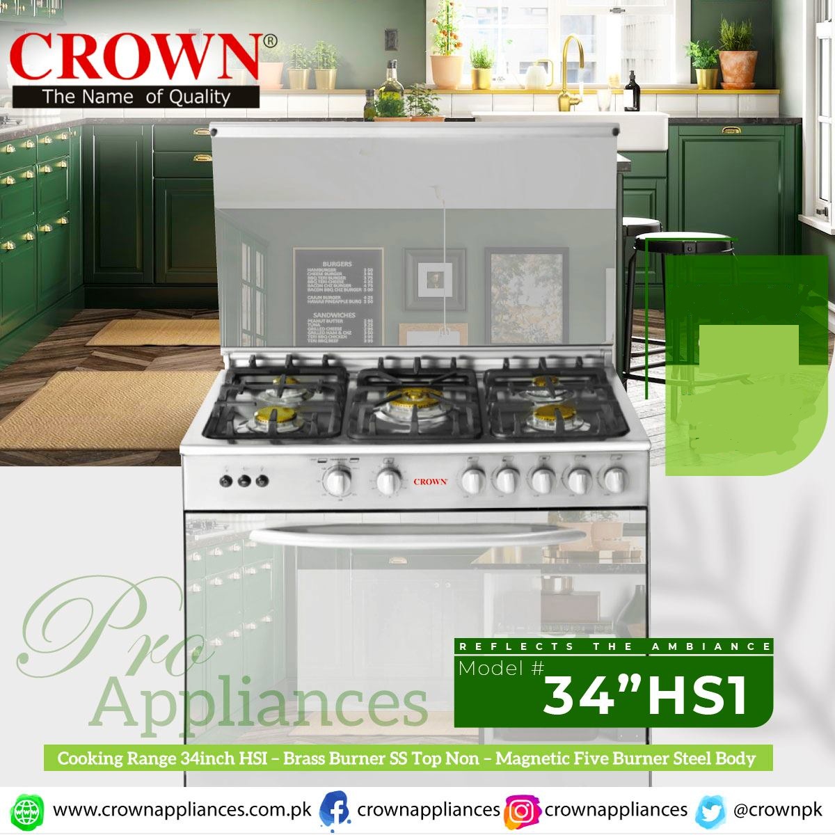 Buy Crown 34HS1 SS Auto Ignition 5 Burner Cooking Range With