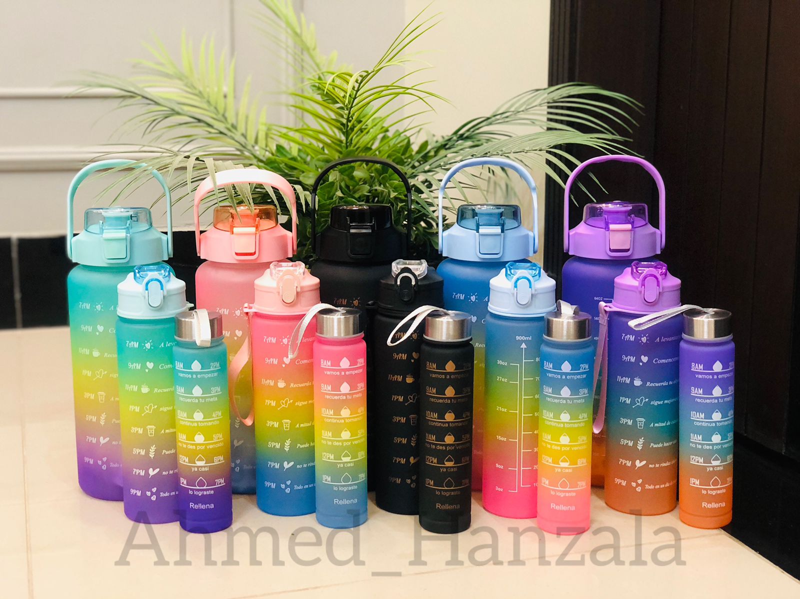 Pack of 1, 2, 3 Water Bottles 300, 800ml & 2 liter Motivational Water Bottle with free stickers , Gradient Color Drinking Water Bottle For Girls And Female Gym With Handle, Portable Water Bottle For School, Fitness, Outdoor Sports, Plastic Leak Proof