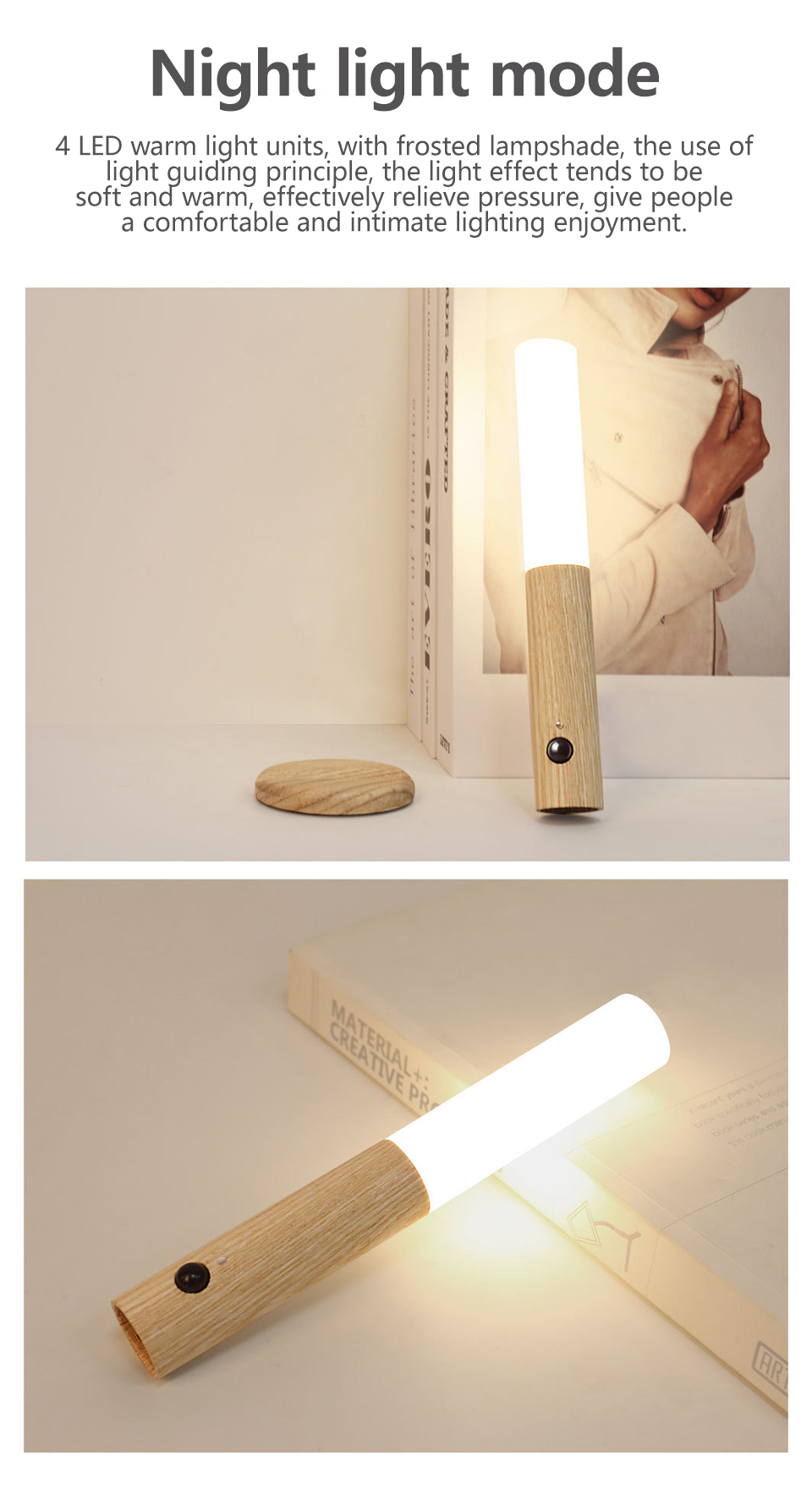 Led Wood Night Light Pir Motion Sensor Magnetic Wall Lamp Usb Rechargeable Lights Home Staircase Bedroom Lamp Bedside Lighting