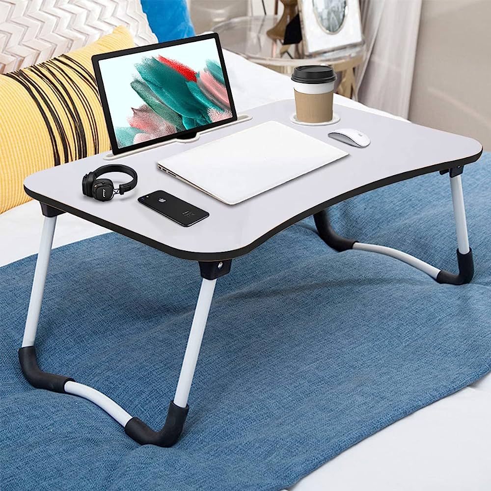 METALLO Wooden Gaming Laptop Table For Bed Foldable Stand Ergonomic Portable Drawing Notebook Reading Food Breakfast Serving With Inbuild Tablet And Cup Holder Slots Couch Black Brown Pink Yellow Green White Blue