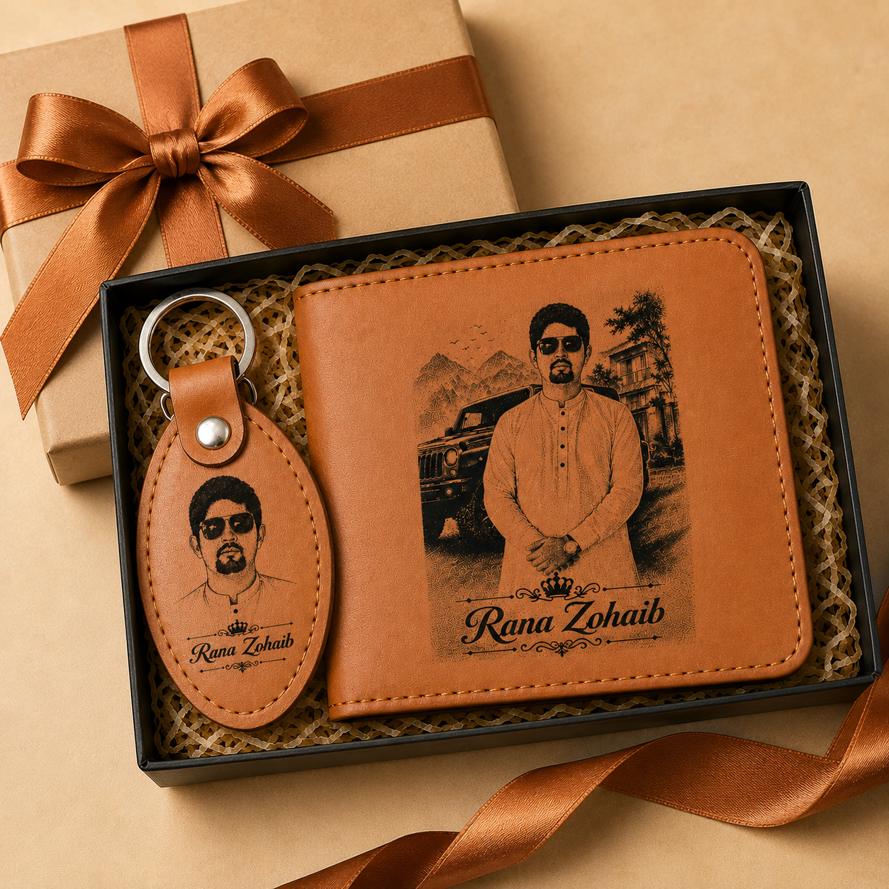 CUSTOMIZE Name and Photo Engraved Genuine Wallet & Keychain for Men | Custom Name and Pic Engraving | Original Leather Fashion Wallet | Gift Box Packing | Gift for Husband Father Brother Birthday Eid Leather Wallet with name and picture | MZ Crafts