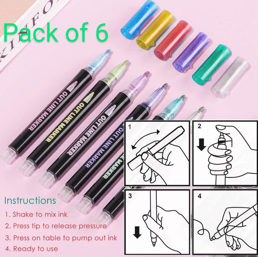 Colors Outline Metallic Markers Pens, Double Line Pen, Magic Glitter