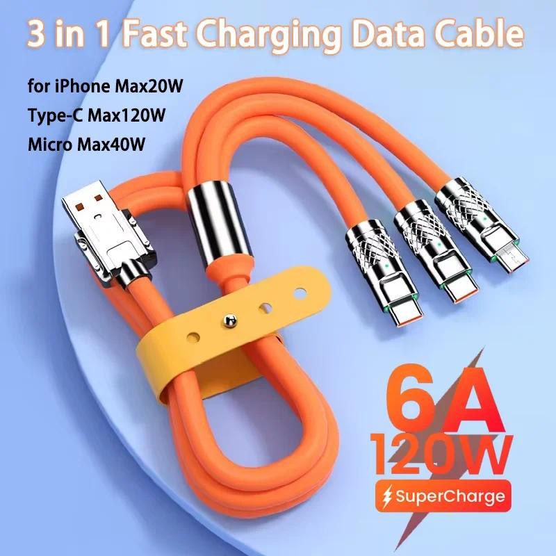 120W 6A 3 in 1 Fast Charging Type C Cable Micro USB for iPhone Charging Cable For Samsung Huawei Xiaomi Phone Charger USB Cable price in Pakistan