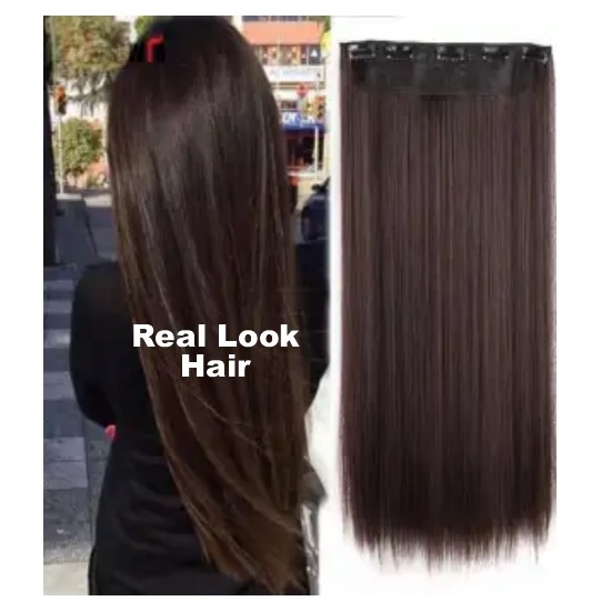 Long Real Look Dark Brown Hair Extension For Girls 5 Clips Synthetic Hair Extension