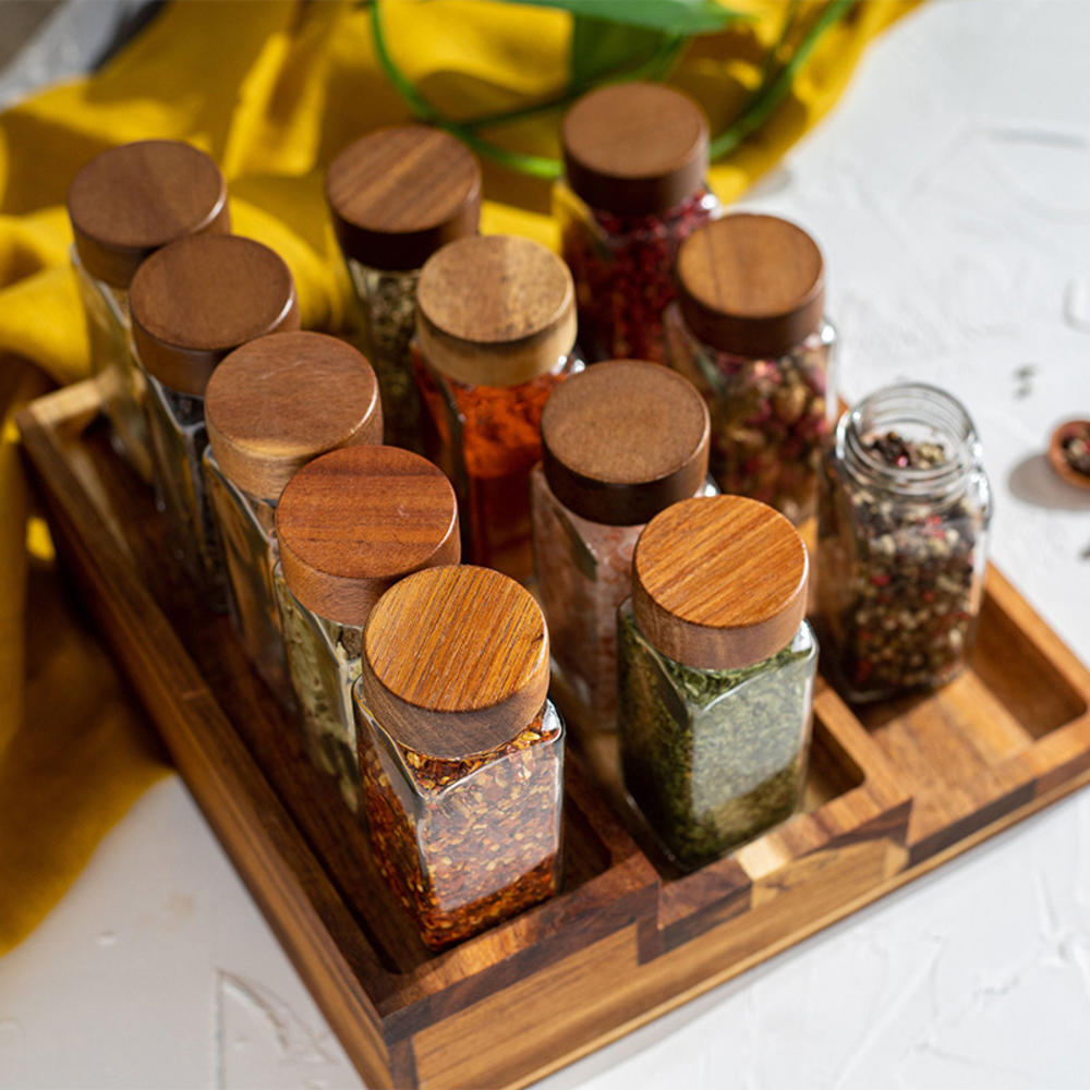 Wooden Lid Seasoning Bottle Airtight Bbq Glass Square Jar 120Ml Seasoning Jar For Kitchen