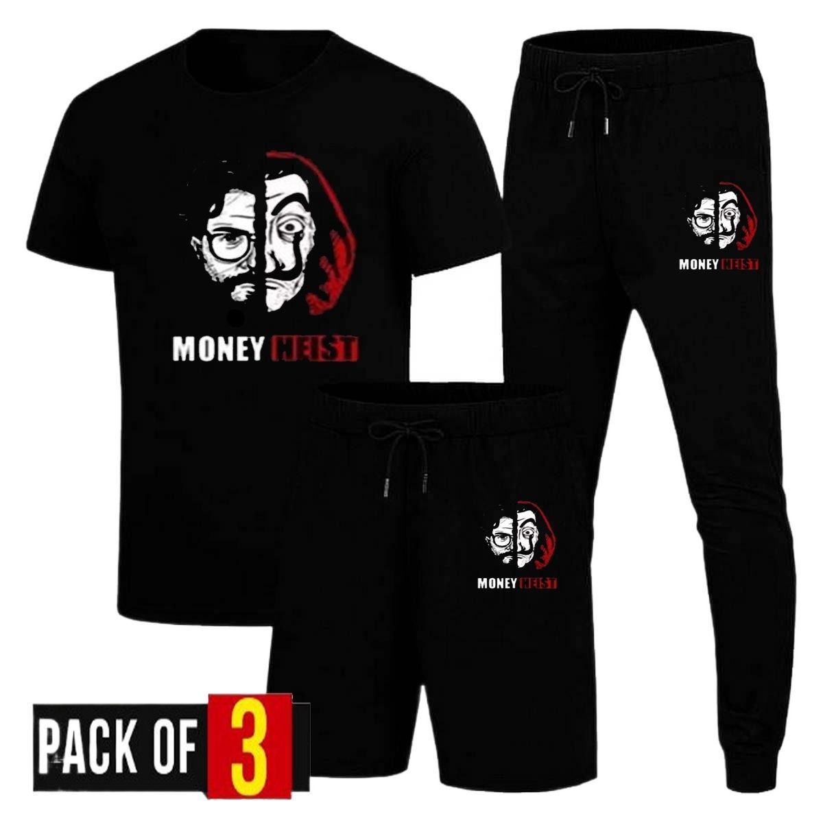 Pack Of 3 Money Heist Printed Track Suit For Men Black T Shirt Trouser And Shorts Set Casual Loungewear