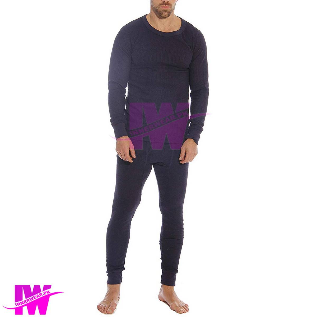 2 Pcs Mens Boys Premium Full Body Suit Thermal Body Warmer Skin Tight Stretchable Innerwear Winter Warm Long Johns Trouser Pajama Full Sleeve Shirt Navy Blue