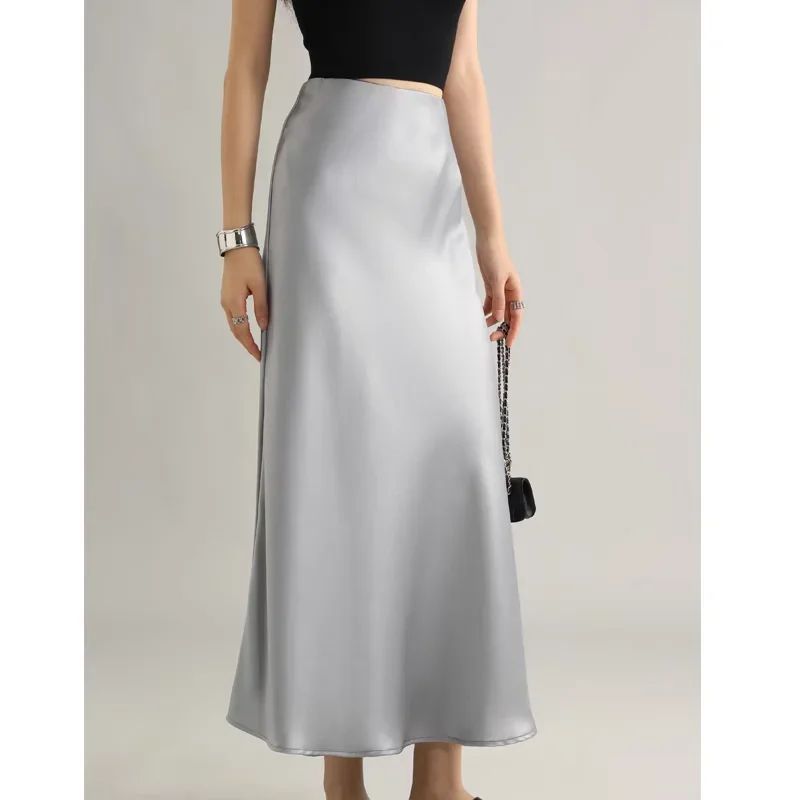 Premium Silk Casual Spring/Summer 2025 Long Solid Fishtail Skirt for Women - Elegant, Comfortable, Versatile (XS-XL)