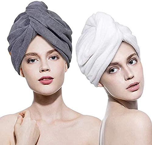 Hair Towel, Hair Drying Towels Quick Dry Hair Hat Headband & Wrapped Bath Cap with Buttons Bath Loop Fasten Drying Shower Head Towels for Women Towel Girl Wet/Thick Hair (Pack of 2)