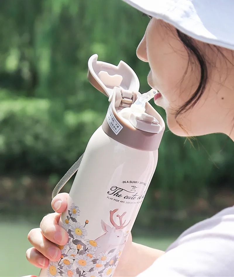 Thermal Water Bottle Stainless Steel Cute Insulation Thermal Bottle for Kids Travel Vacuum Insulation Sports Edition Sipper Straw Cup Bottle