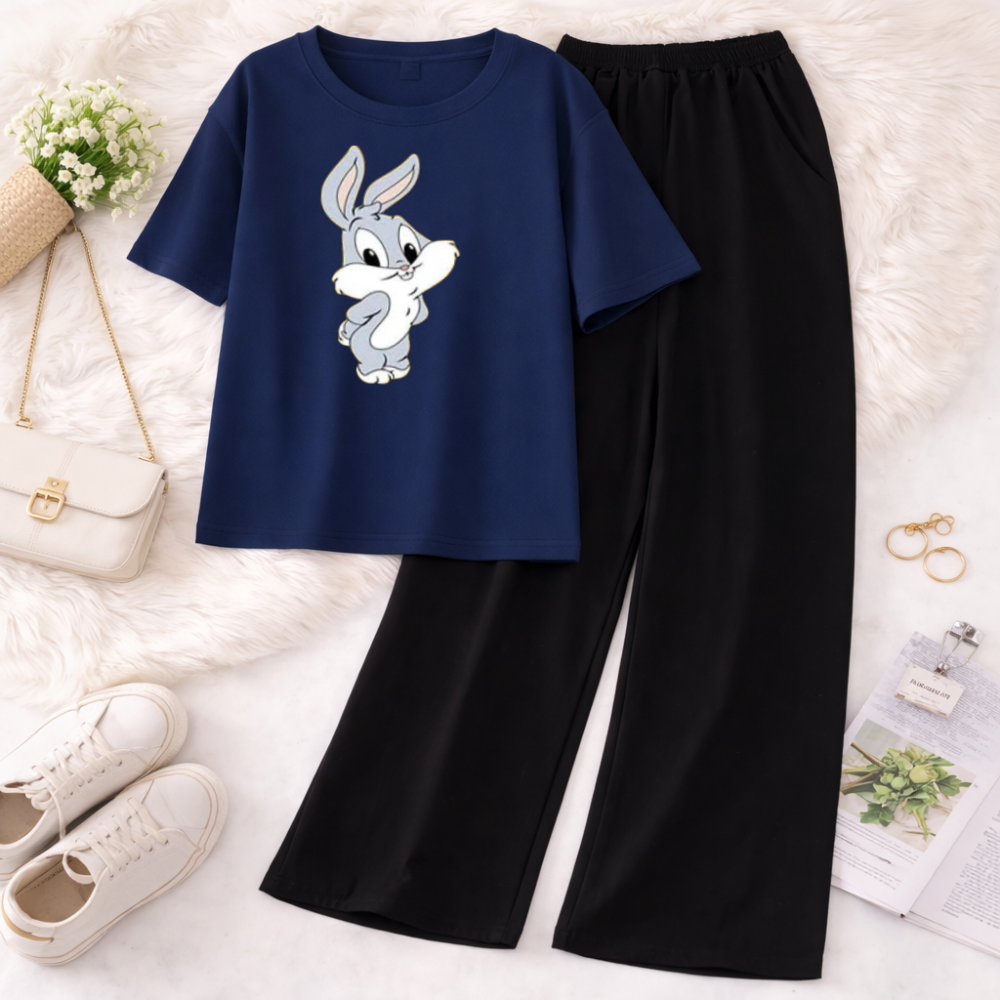 FashionPoint - Cute Bunny Printed 2Pcs Printed Half Sleeves T Shirt with Trouser Soft Jersey Fabric Casual Daily Wear For Girls and Kids