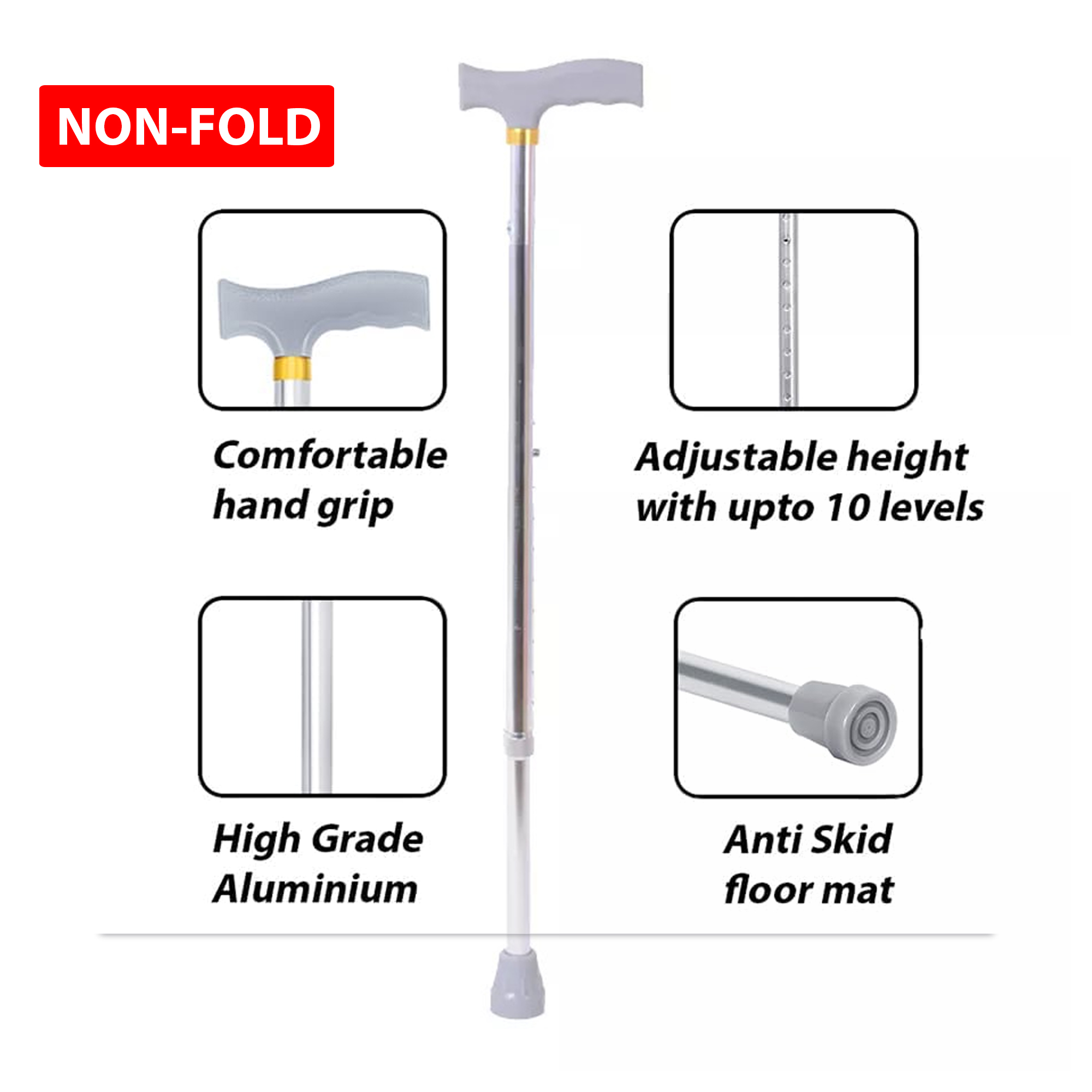 Adjustable Lightweight Aluminum Trekking Cane, Foldable Offset Walking Stick with Ergonomic Handle for Hiking and Outdoor Recreation - Black