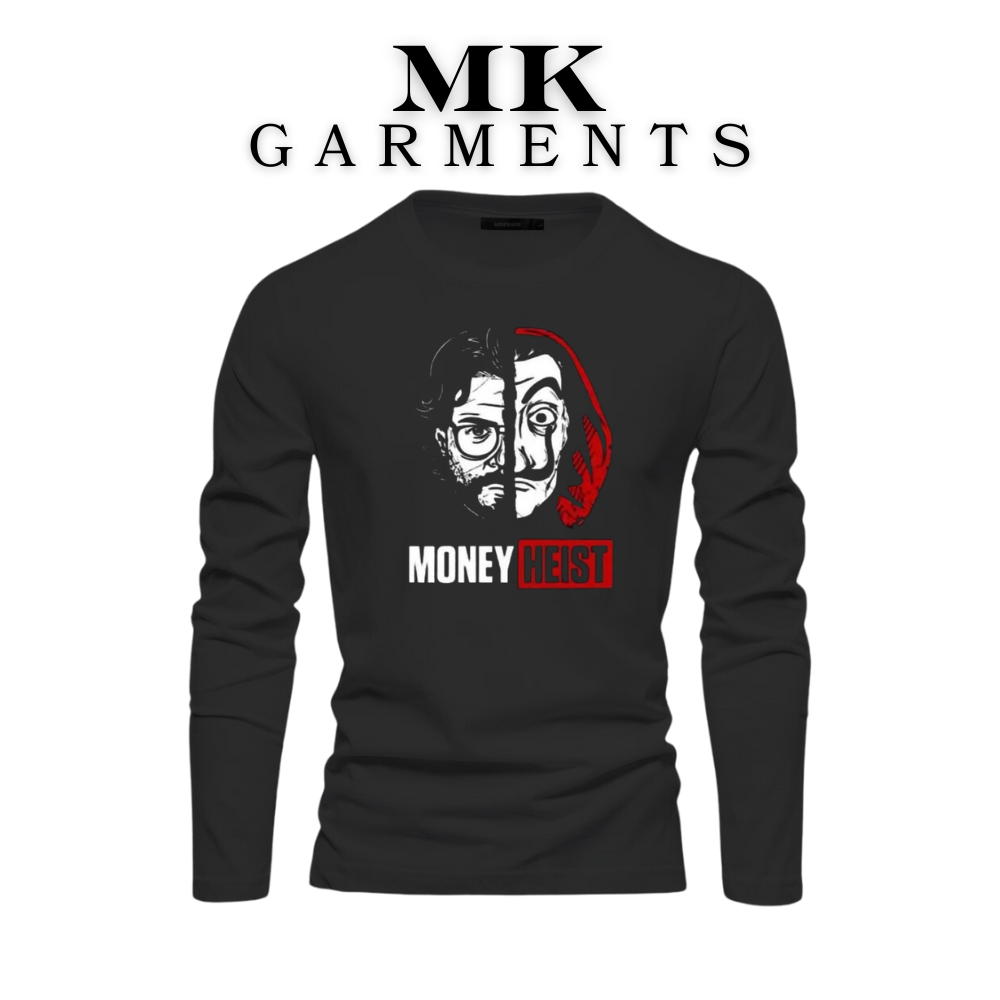 MK Garments - Money Heist Printed Comfort and Style Soft Full Sleeve Round Neck TShirt For Men & Boys