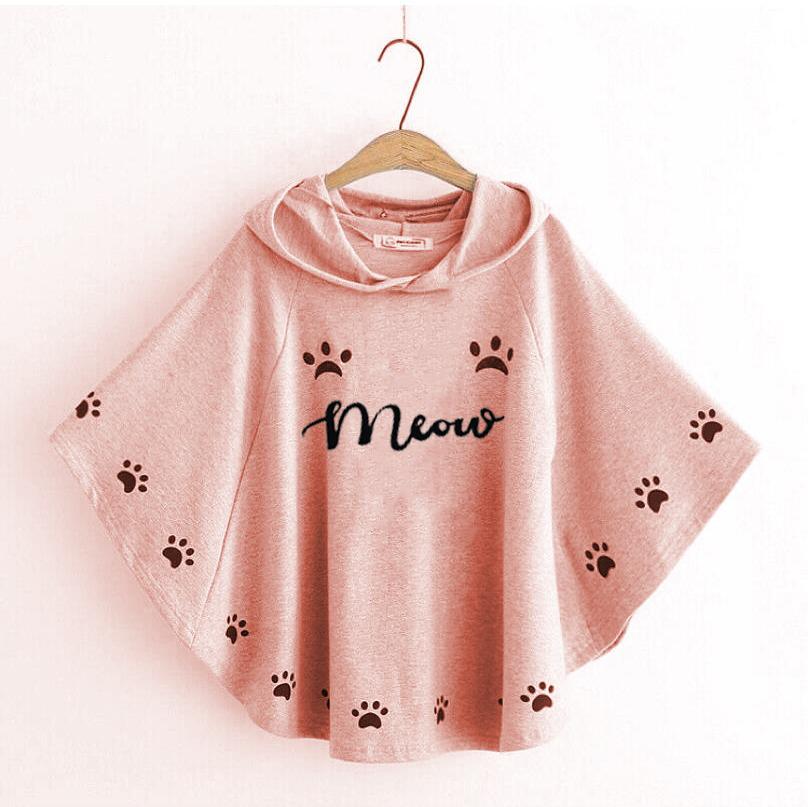 Round Style Meow Hooded Poncho For women Fabric Double Fleece