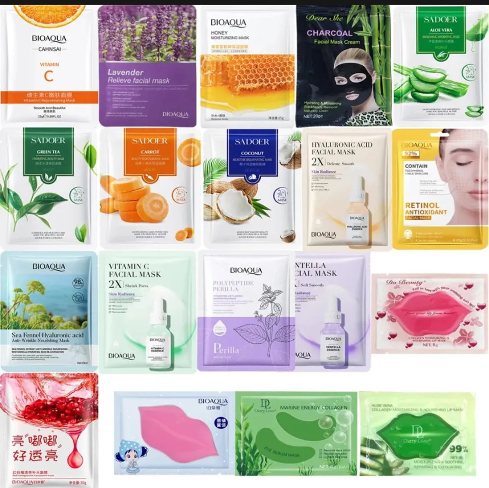 Pack of 15 Moisturizing Facial Face Sheet Mask, Lip mask, Eye mask, Hydrating, Radiance Boost, , Moisturizing, Skin Care Sheet Mask