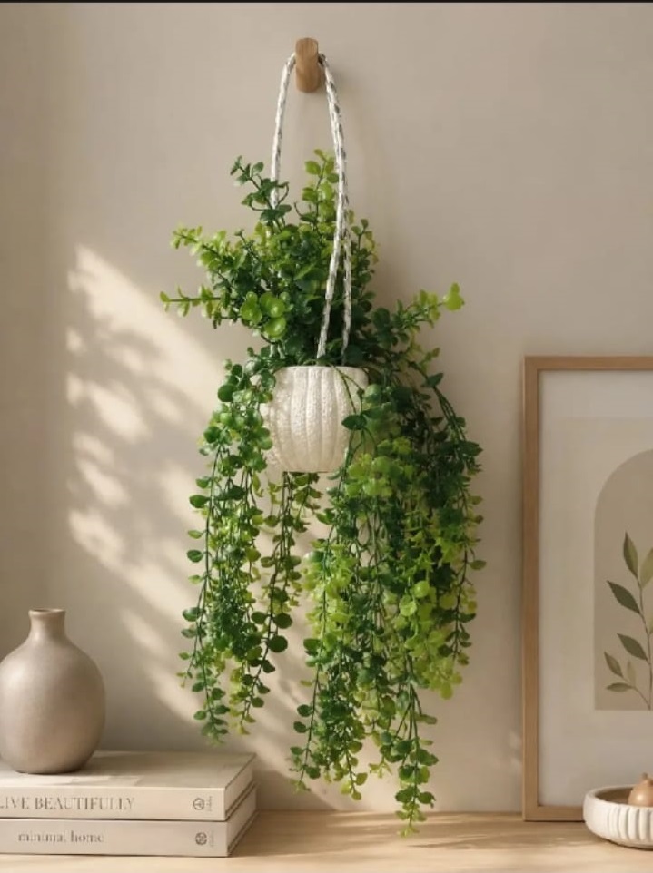 Artificial Hanging Plant with Decorative Pot – Home & Office Wall Hanging Green Plant Decor