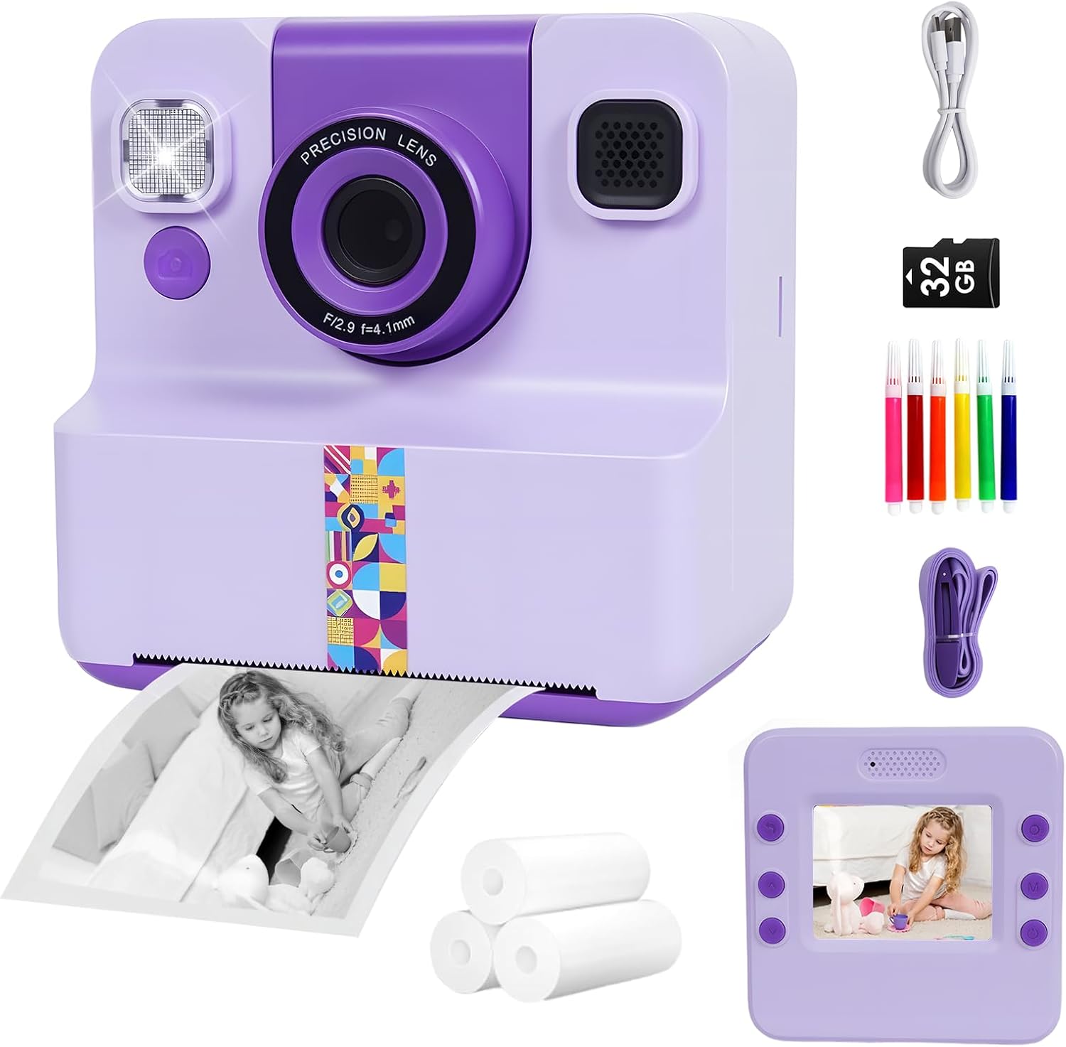 PINREK Instant Print Camera for Kids with Single Colour Printing, 1080P HD Digital Camera with 4 Rolls of Print Paper & 32GB Card, Birthday Gifts for Girls and Boys Age 3-12