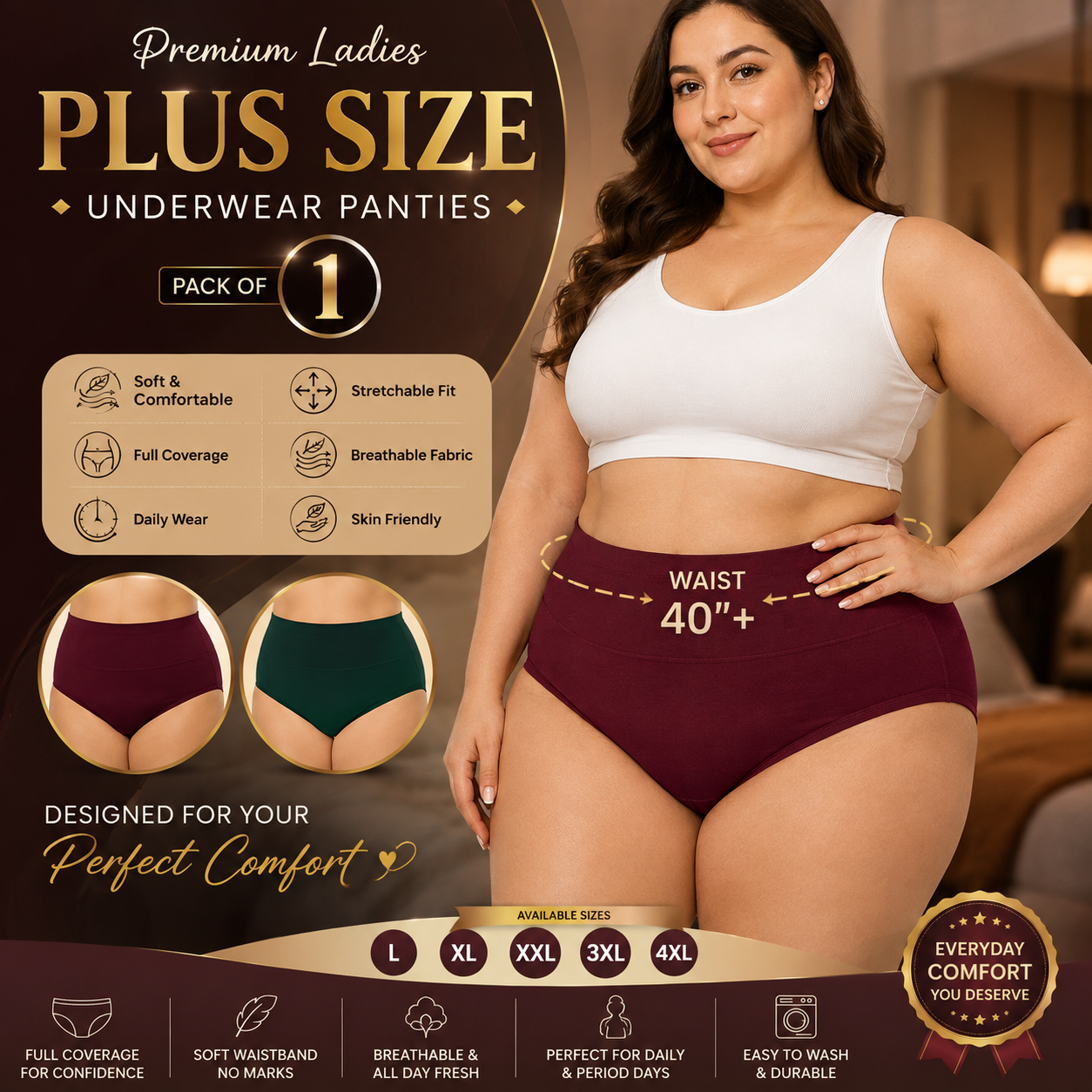 Premium Women’s Full Coverage Panties | Plus Size Ladies Underwear Pack of 2  & 1 | Soft Stretchable Cotton Blend Brief | Breathable Comfortable Daily Wear | Home, Travel & Period Days | L XL XXL 3XL 4XL 5XL 6XL
