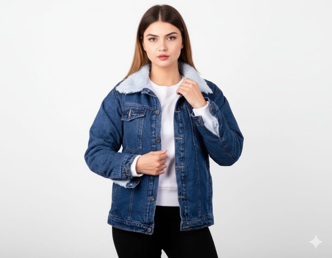 Trendy Blue Denim Fur Jacket for Girls – Fashionable Winter Outerwear for Girls