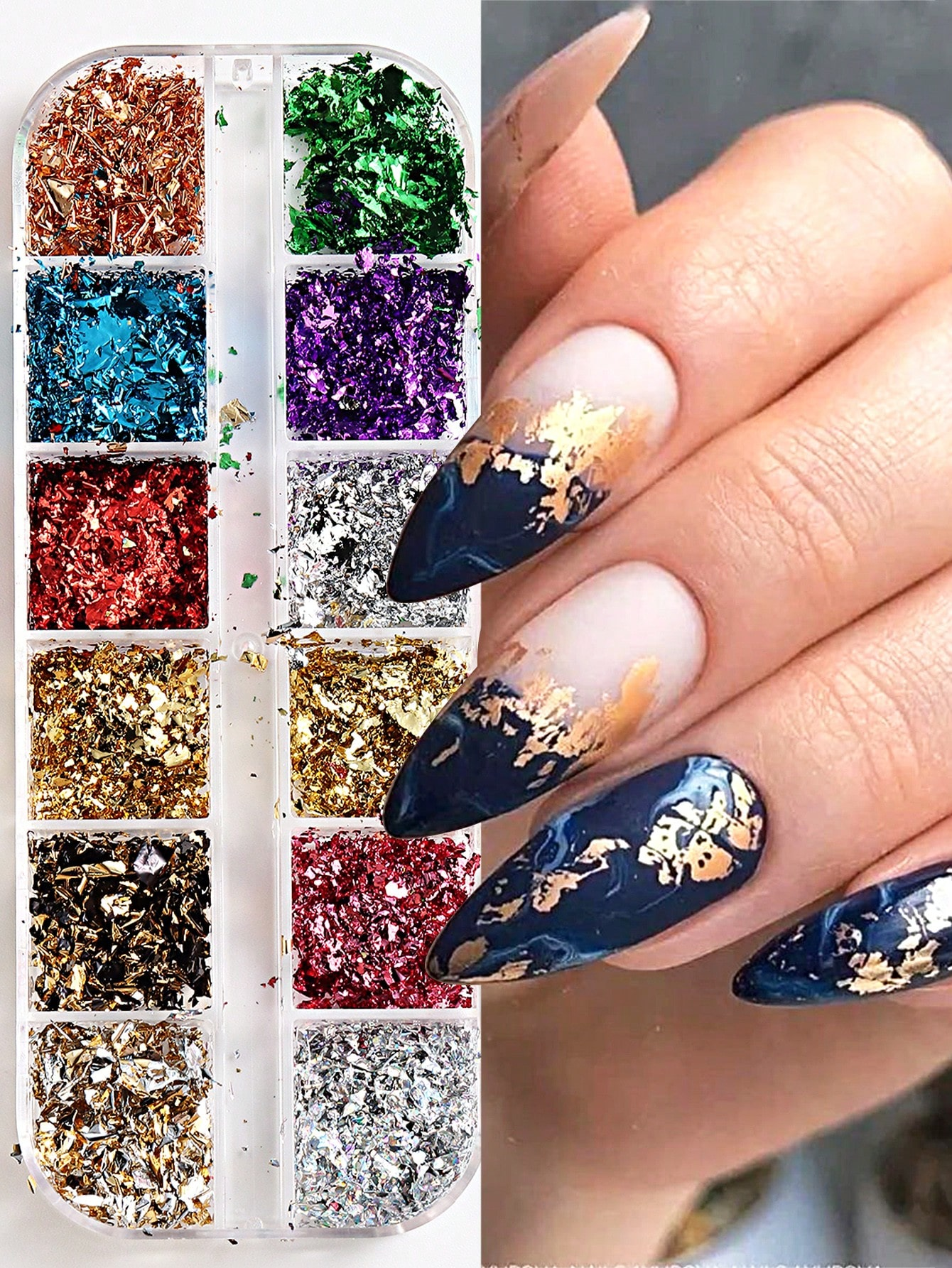 12 Grid Holographic Nail Foil Glitter Set | Gold Silver Rainbow Chrome Flakes & Confetti Glitter for Nail Art, Resin Art & DIY Crafts | Nail Gems Nail Charms Nail Art Decoration Supplies and  for resin art