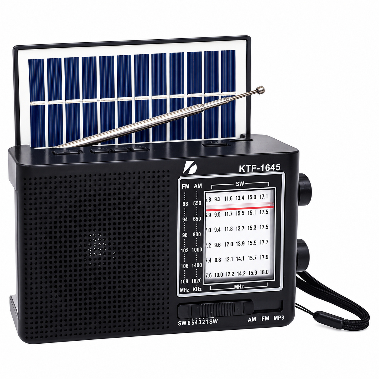 KTF-1645 Portable Wireless Radio Receiver | High Quality Solar Panel Multiband AM FM Radio USB TF Card Slot | Wireless BT Speaker Function with Built-in LED Torch Light | Rechargeable Outdoor Survival Music Box for Home Theater Sport Park Travel Accessory