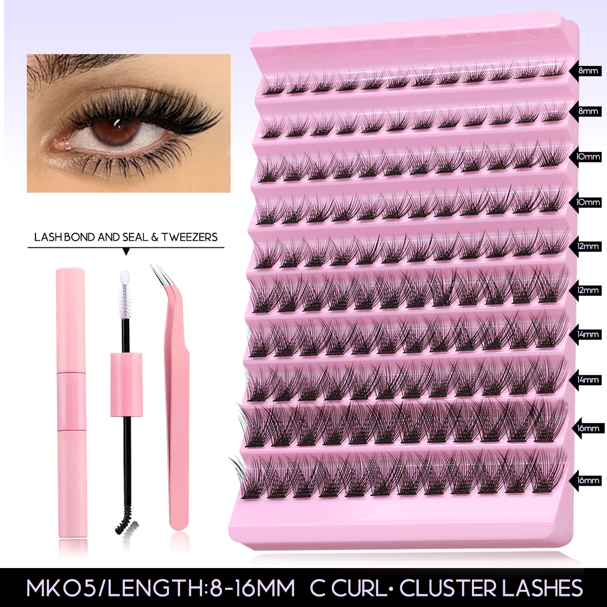 DIY Eyelash Extension Kit, Lash Cluster Kit With Waterproof Strong Hold Eyelash Bond, Eyelash Remover and Tweezer (200 clusters)