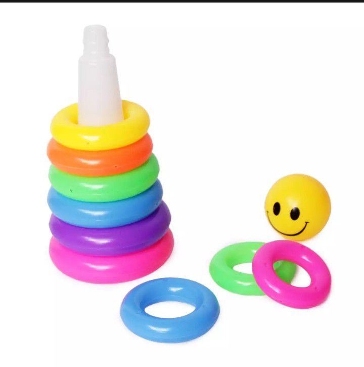 Kids Ring Pile Up Toys 10 Pcs With Happy Emoji Head - Multicolor