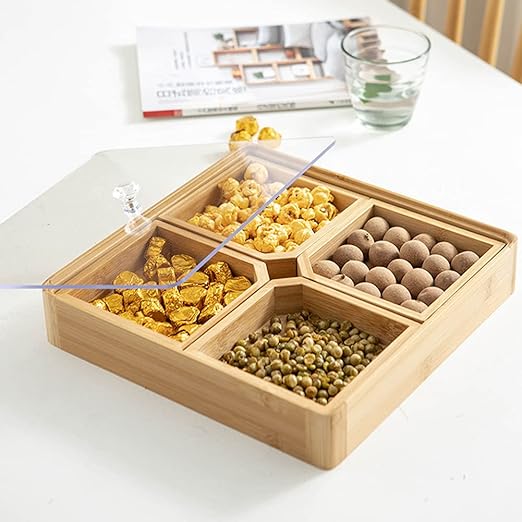 4 Compartments Bamboo Wooden Divided Serving Tray With Lid