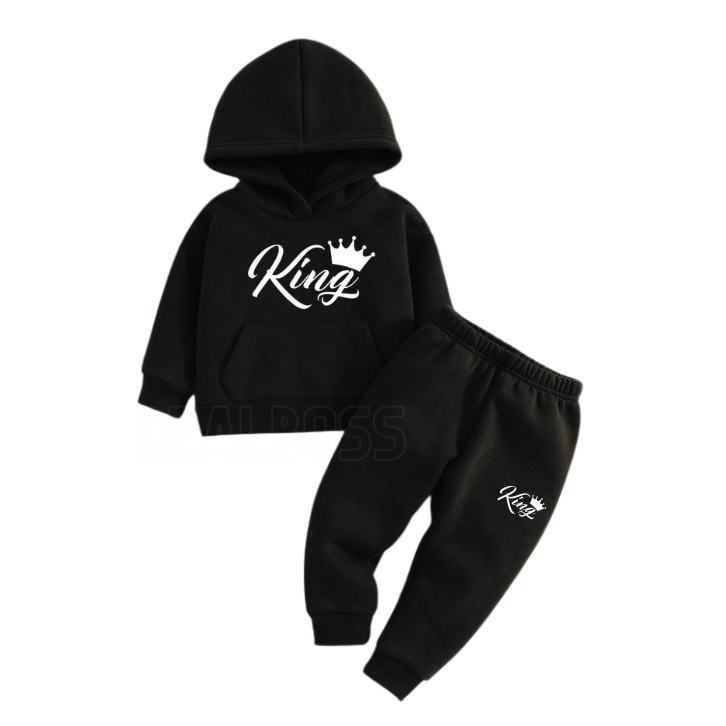 Boys Warm Thickened Fleece Comfy Tops & Pants,King Pattern Print Long Sleeve Hoodie Pullover Sweatshirts & Pants, 2pieces Sports Suit Outfits, Kids Trendy Clothes Set