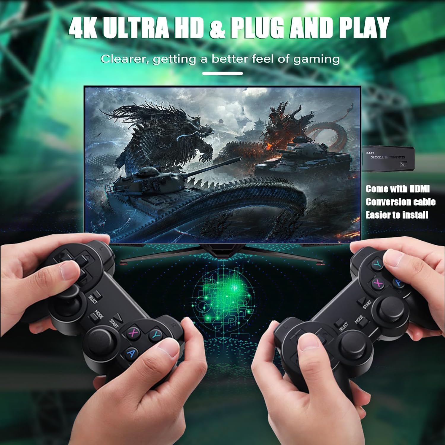 2.4G Wireless Controller Game Stick With 64gb Tf Card Plug and Play Video Game Stick Built in 10000+ Games, 4K High Definition HDMI Output with Two Game Controllers