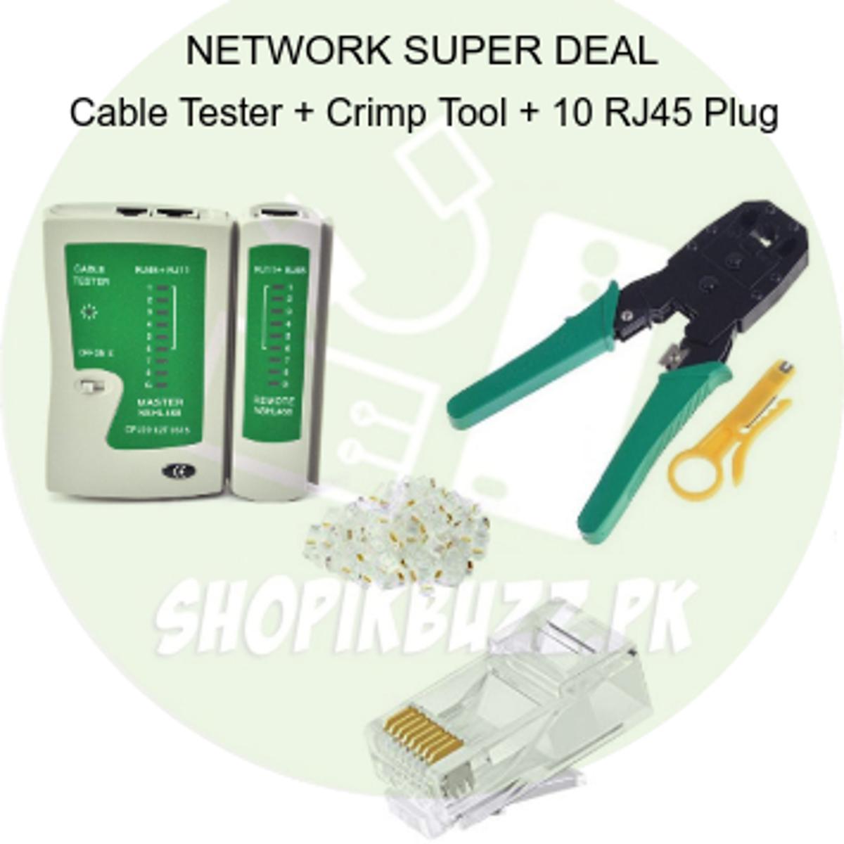 NETWORK CABLE CRIMP AND RJ45 With 10 Connector PLUS NETWORK CABLE TESTER